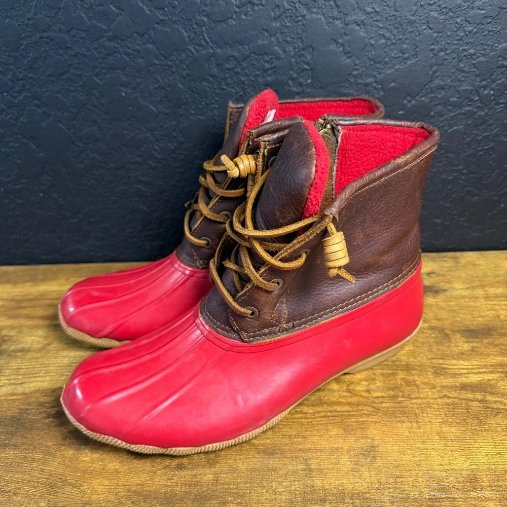 Sperry Saltwater STS90994 Red‎ Brown Leather Rubber Duck Boots Womens Size 8